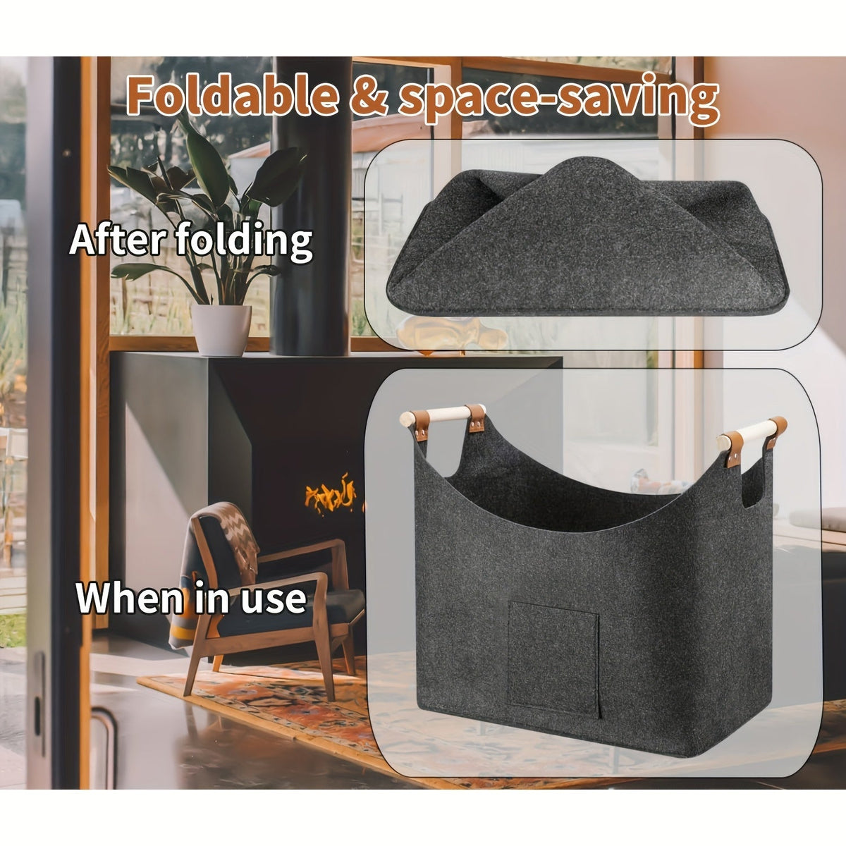 Filten Haardhoutmand 55L Opvouwbaar Donkergrijs met Houten Handvatten Modern Haardaccessoire Interieur | Sulvida