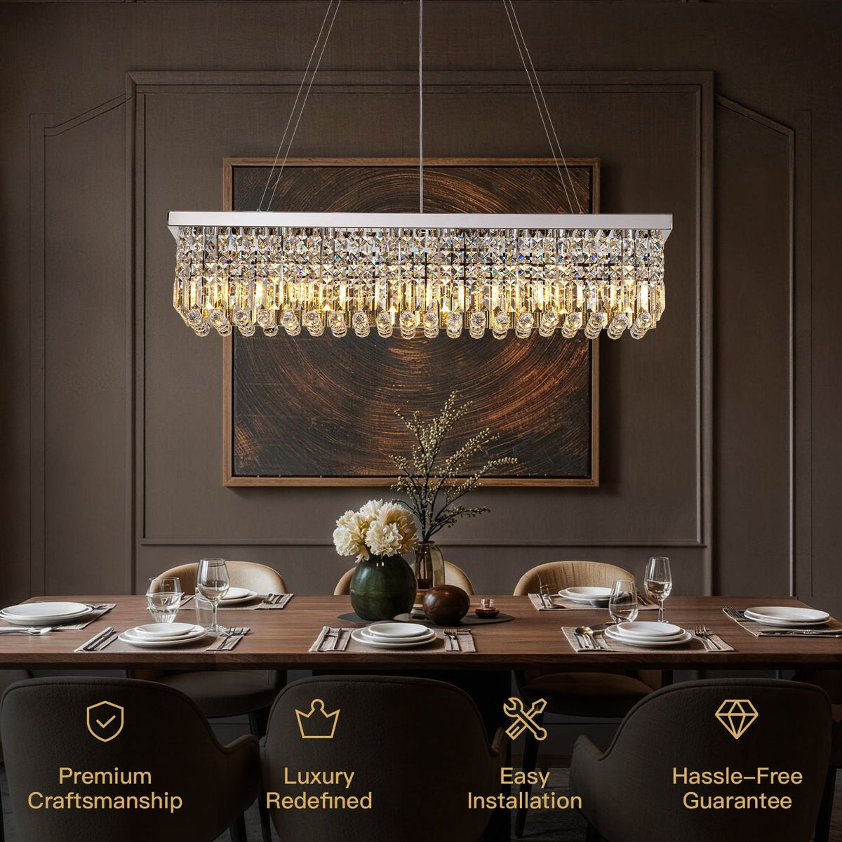 Rechthoekige kristallen hanglamp met regendruppeleffect chroom E12 fitting voor eetkamer keuken woonkamer | Sulvida