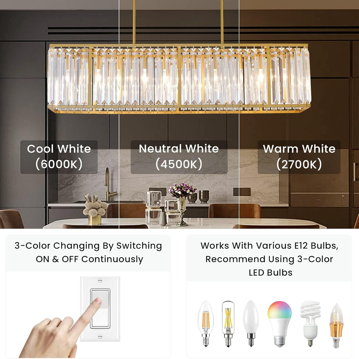 Kristallen Kroonluchter Rechthoekig met E14 Fitting Zwart Goud Eetkamer Keukeneiland Hanglamp Modern | Sulvida