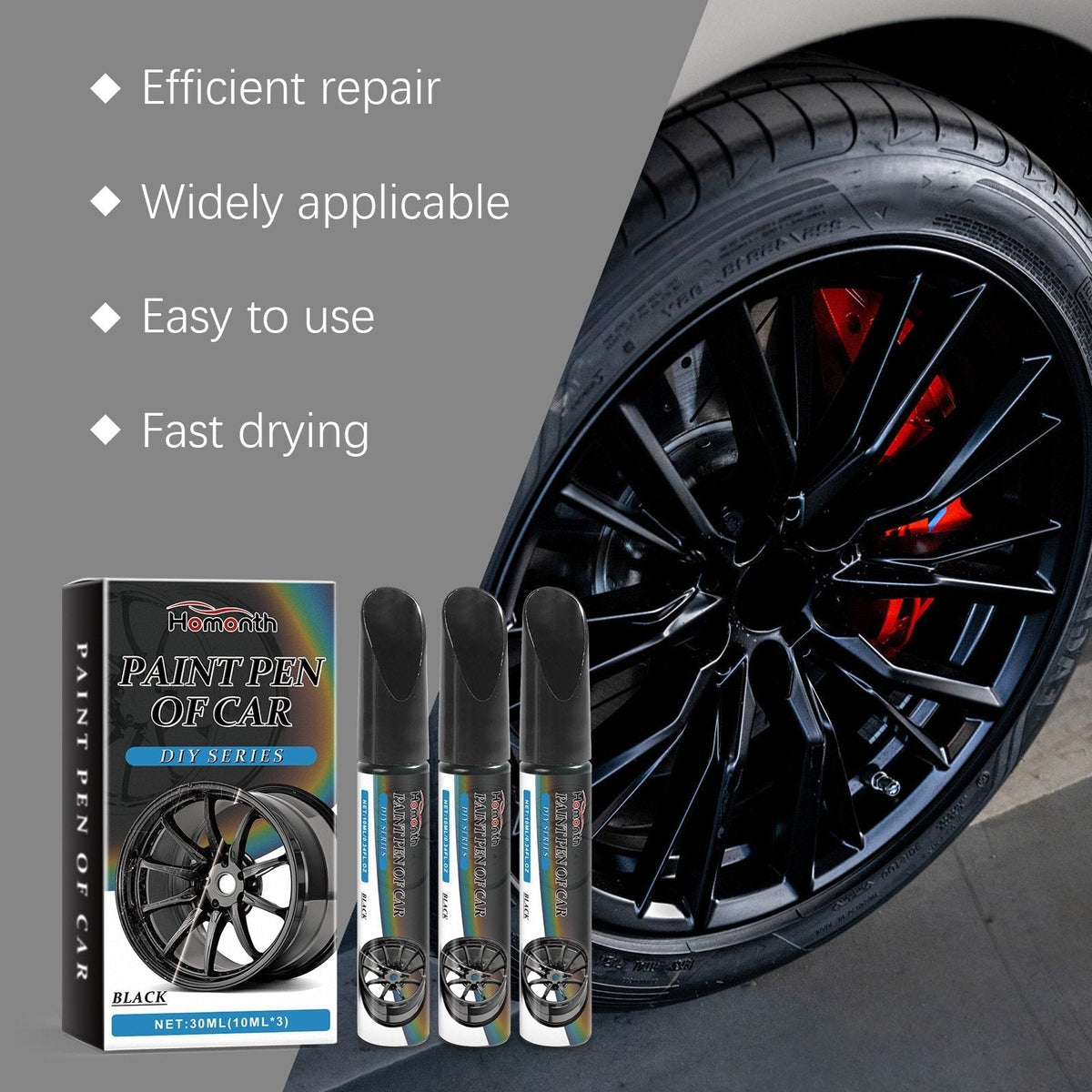 Stylo de retouche pour jantes noir, lot de 3 flacons pour réparer les petites rayures des jantes et retoucher la peinture des roues de voiture | Sulvida