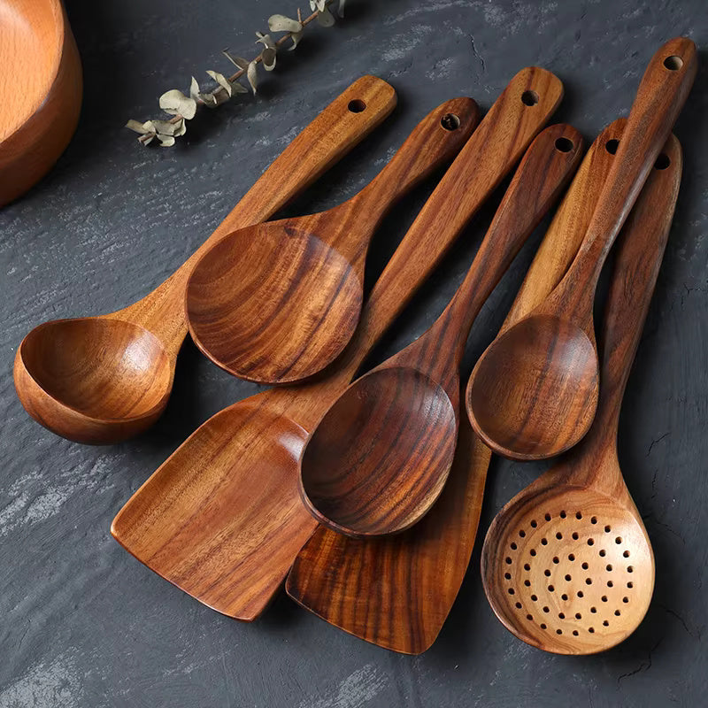 Handgemaakt Teakhouten Keukengerei Set 7-delig Houten Lepels Spatel Kookgerei Ecologisch Natuurlijk Duurzaam | Sulvida