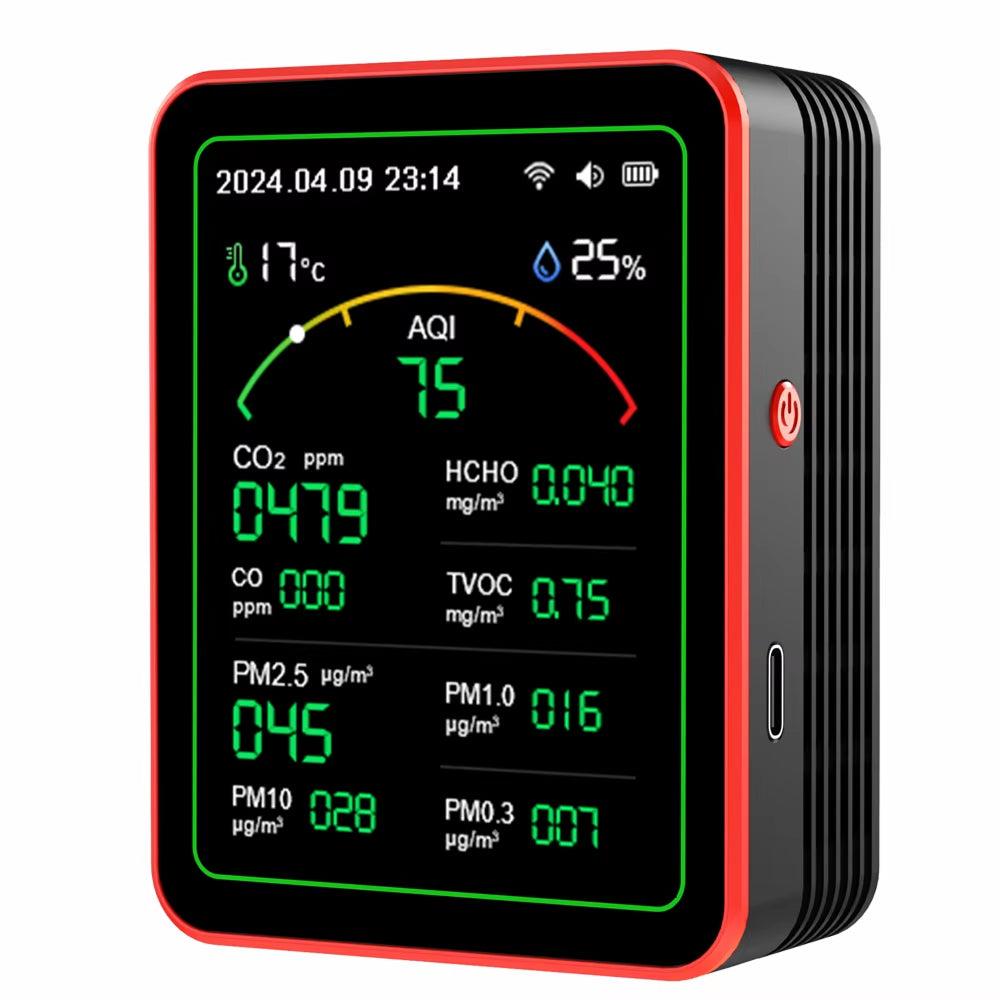 Détecteur de CO2 à 15 paramètres · moniteur de qualité de l’air · application wifi · écran tft · codes couleur · alarme · bureau à domicile | Sulvida