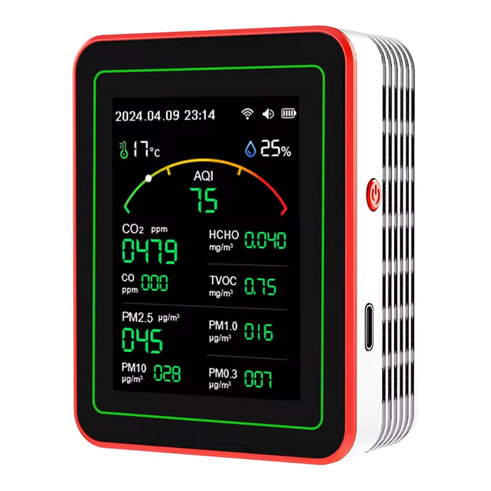 Détecteur de CO2 à 15 paramètres · moniteur de qualité de l’air · application wifi · écran tft · codes couleur · alarme · bureau à domicile | Sulvida