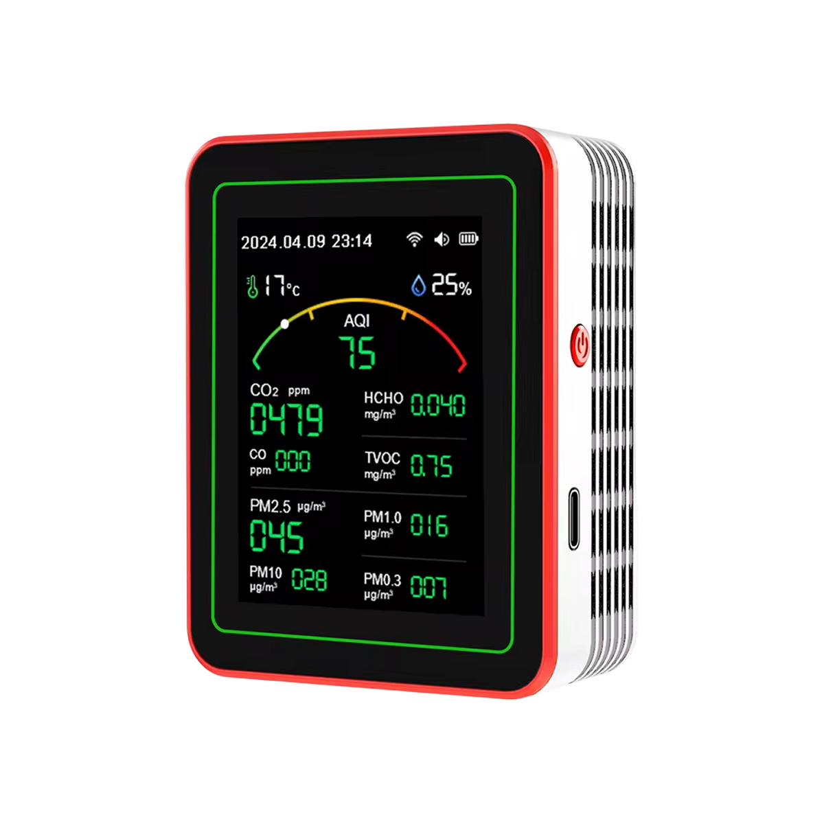 Détecteur de CO2 à 15 paramètres · moniteur de qualité de l’air · application wifi · écran tft · codes couleur · alarme · bureau à domicile | Sulvida