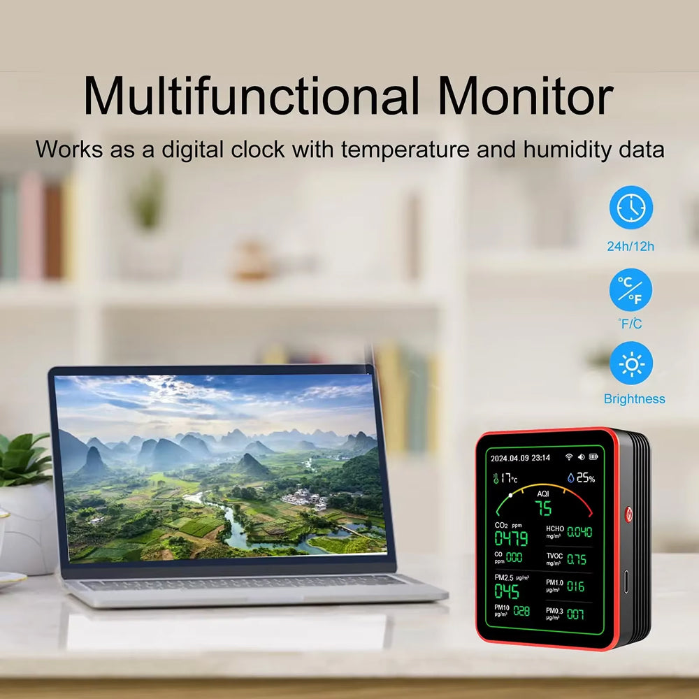Détecteur de CO2 à 15 paramètres · moniteur de qualité de l’air · application wifi · écran tft · codes couleur · alarme · bureau à domicile | Sulvida