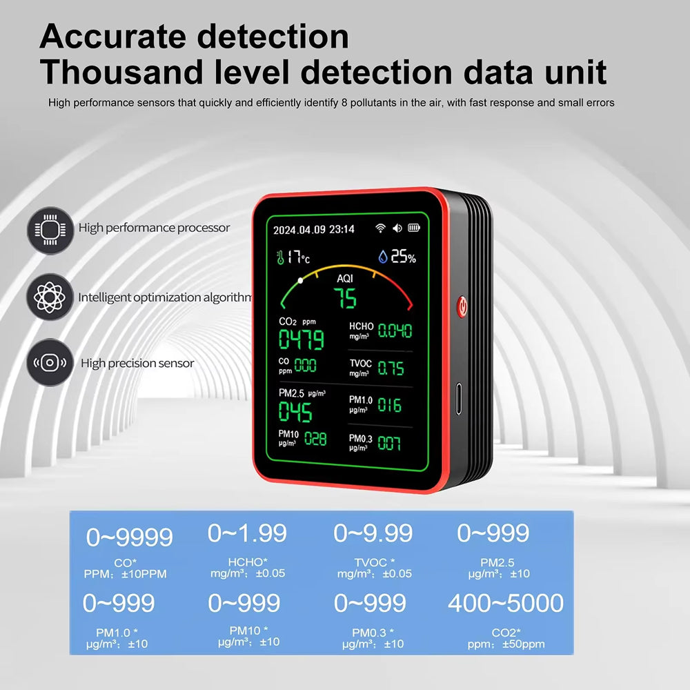 Détecteur de CO2 à 15 paramètres · moniteur de qualité de l’air · application wifi · écran tft · codes couleur · alarme · bureau à domicile | Sulvida