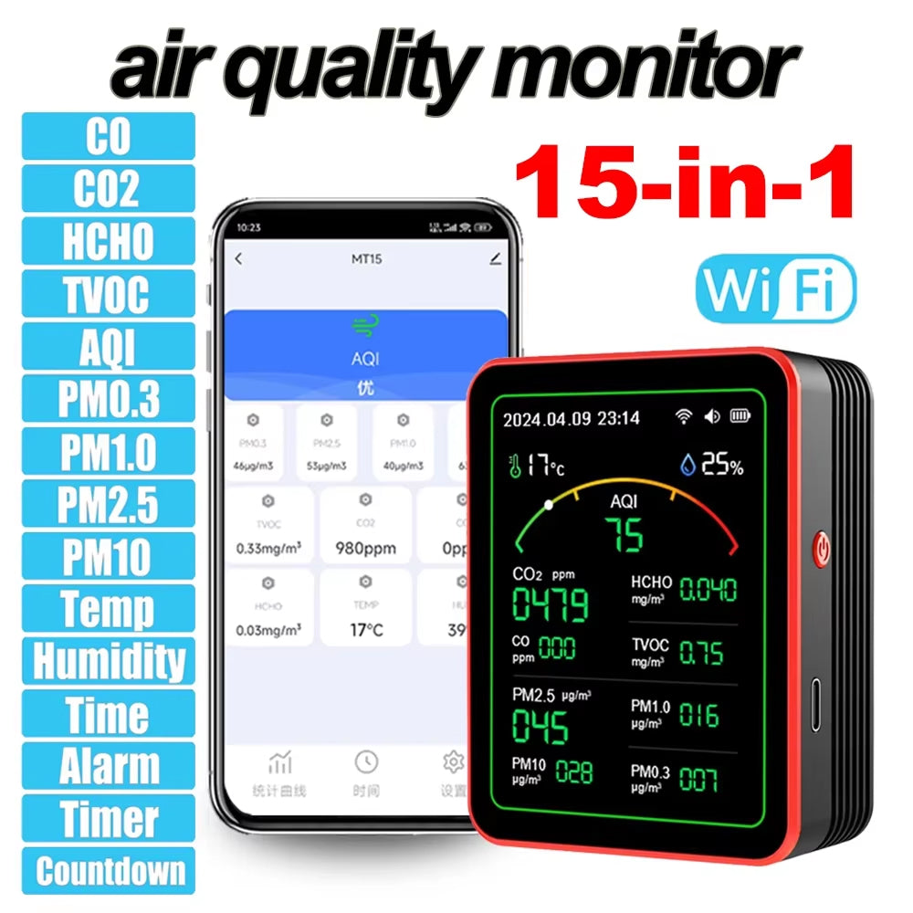 Détecteur de CO2 à 15 paramètres · moniteur de qualité de l’air · application wifi · écran tft · codes couleur · alarme · bureau à domicile | Sulvida