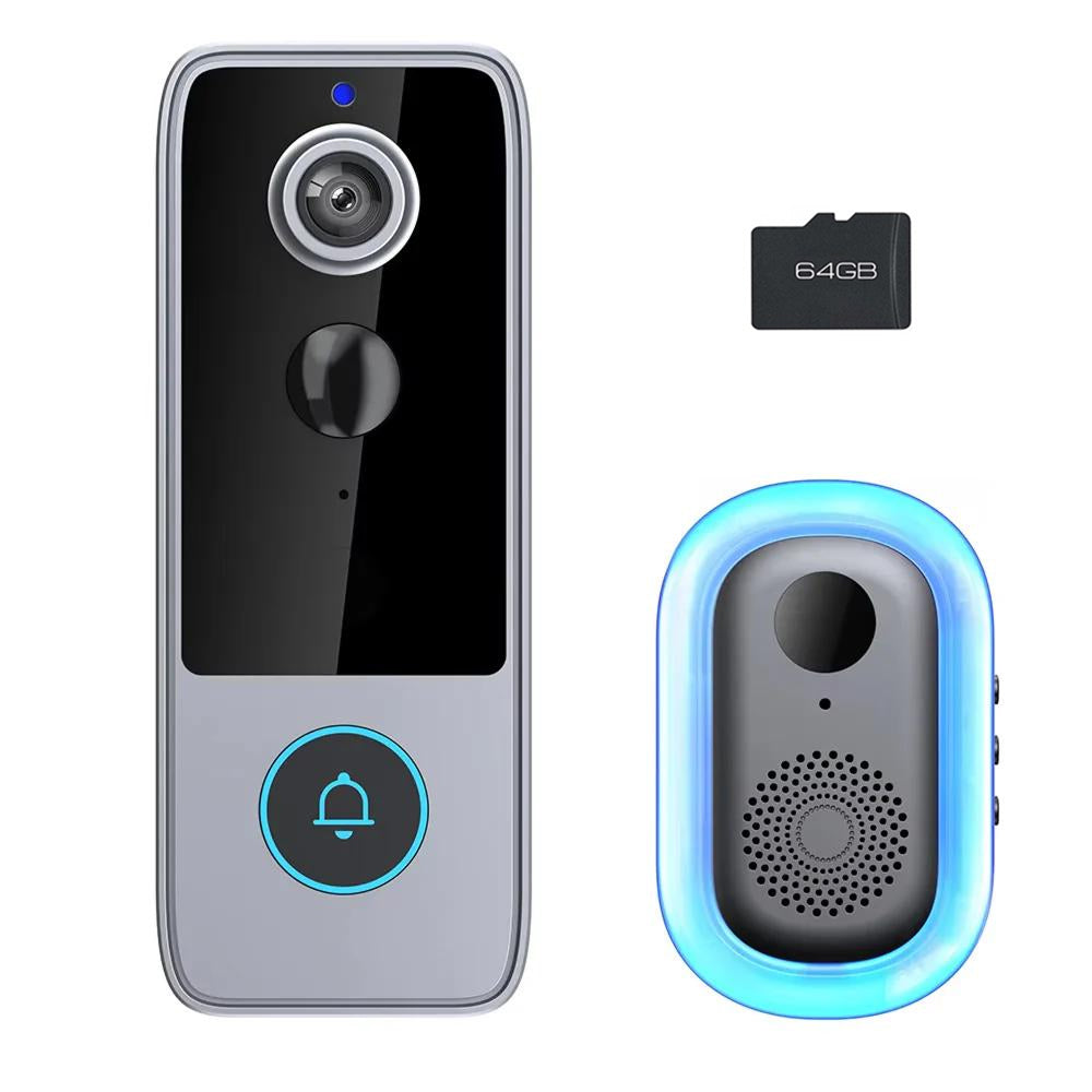 Sonnette vidéo sans fil avec caméra HD 1080P, vision nocturne et interphone, sans abonnement, carte SD de 64GB incluse | Sulvida