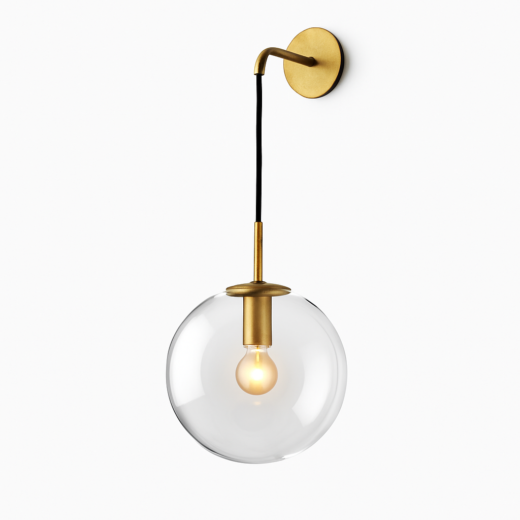 Wandlamp met Glazen Bol 15×50 cm Goud Cognac Transparant Industrieel Design Metaal Wandverlichting Sfeerlamp | Sulvida
