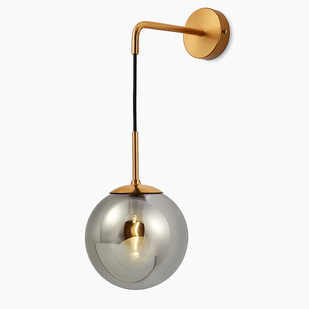 Wandlamp met Glazen Bol 15×50 cm Goud Cognac Transparant Industrieel Design Metaal Wandverlichting Sfeerlamp | Sulvida