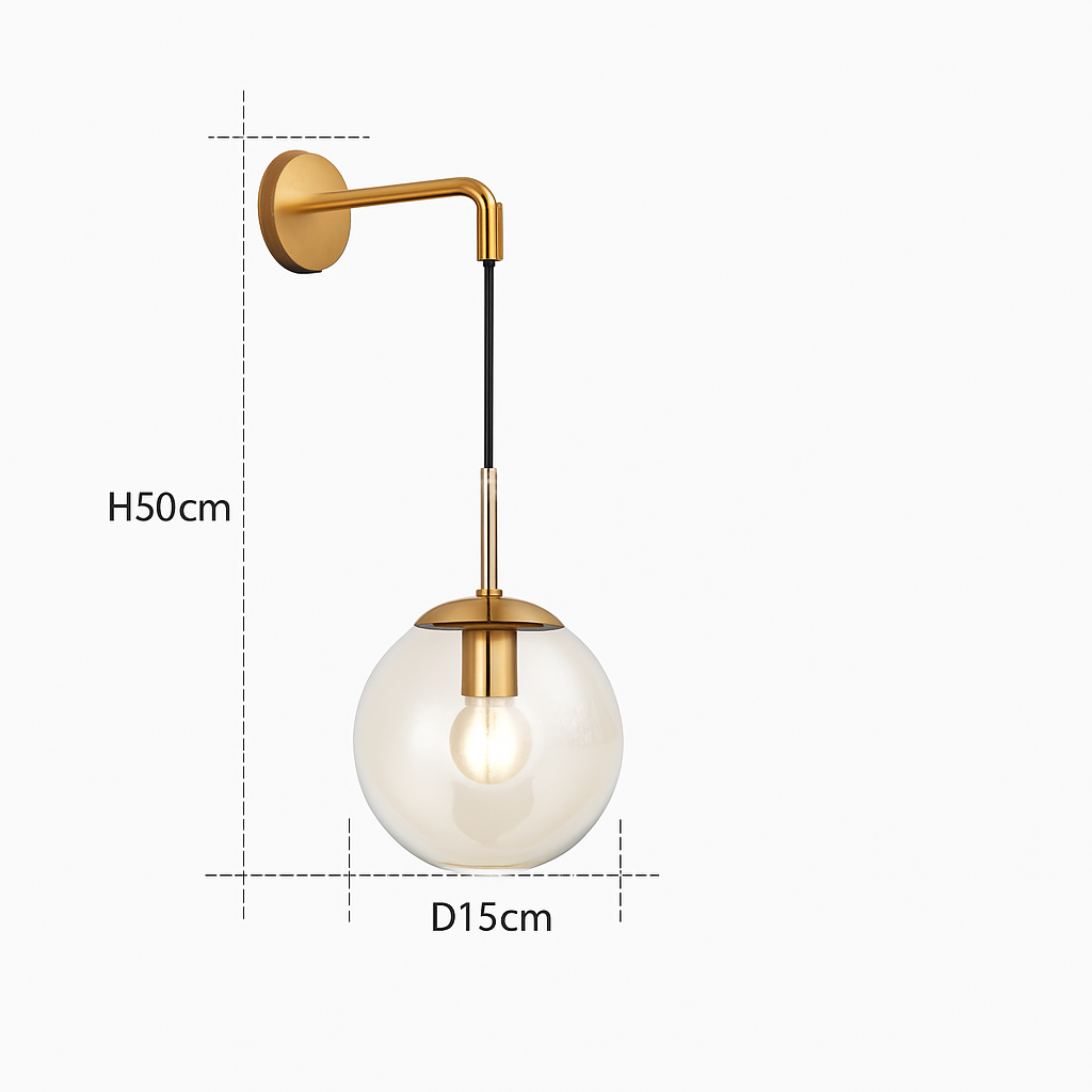 Wandlamp met Glazen Bol 15×50 cm Goud Cognac Transparant Industrieel Design Metaal Wandverlichting Sfeerlamp | Sulvida