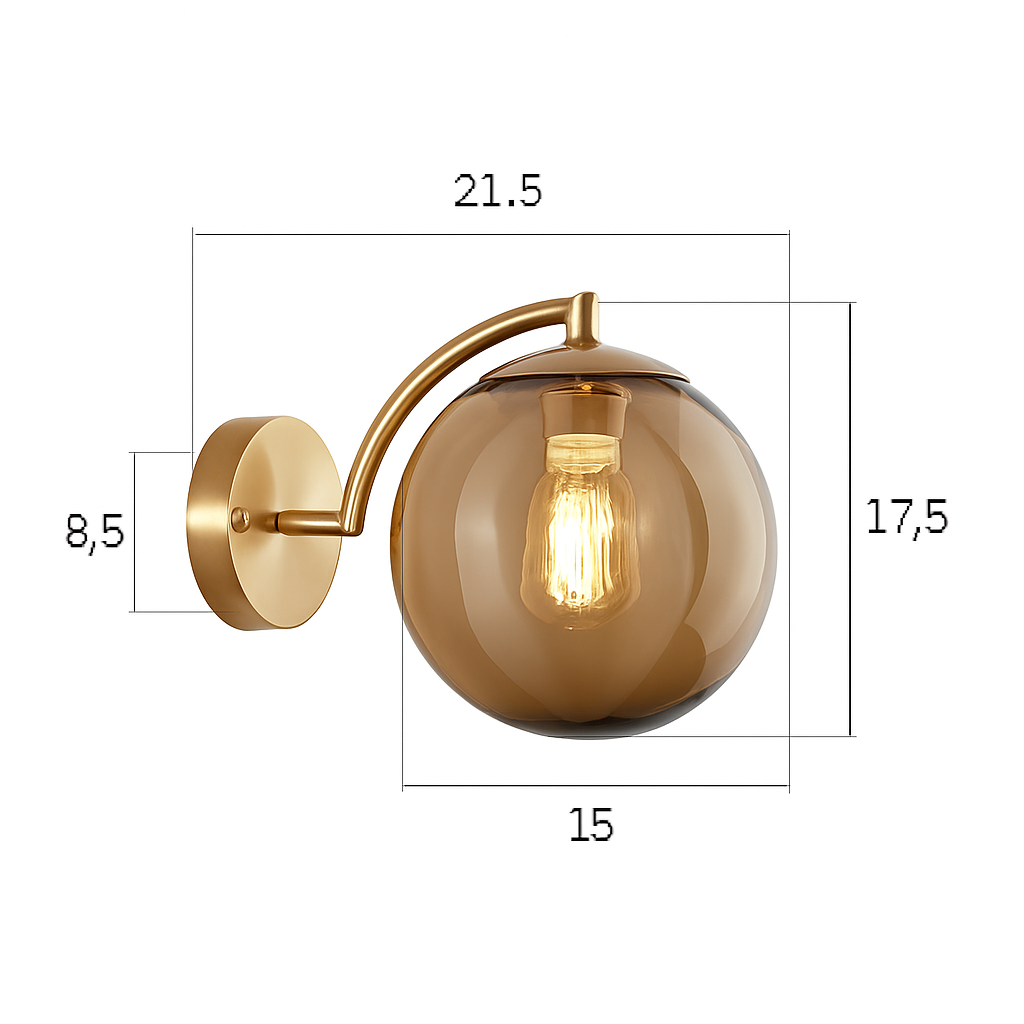 Wandlamp goudkleurig met glazen bol rookglas Ø17,5cm industrieel modern stijlvolle sfeerverlichting woonkamer gang | Sulvida