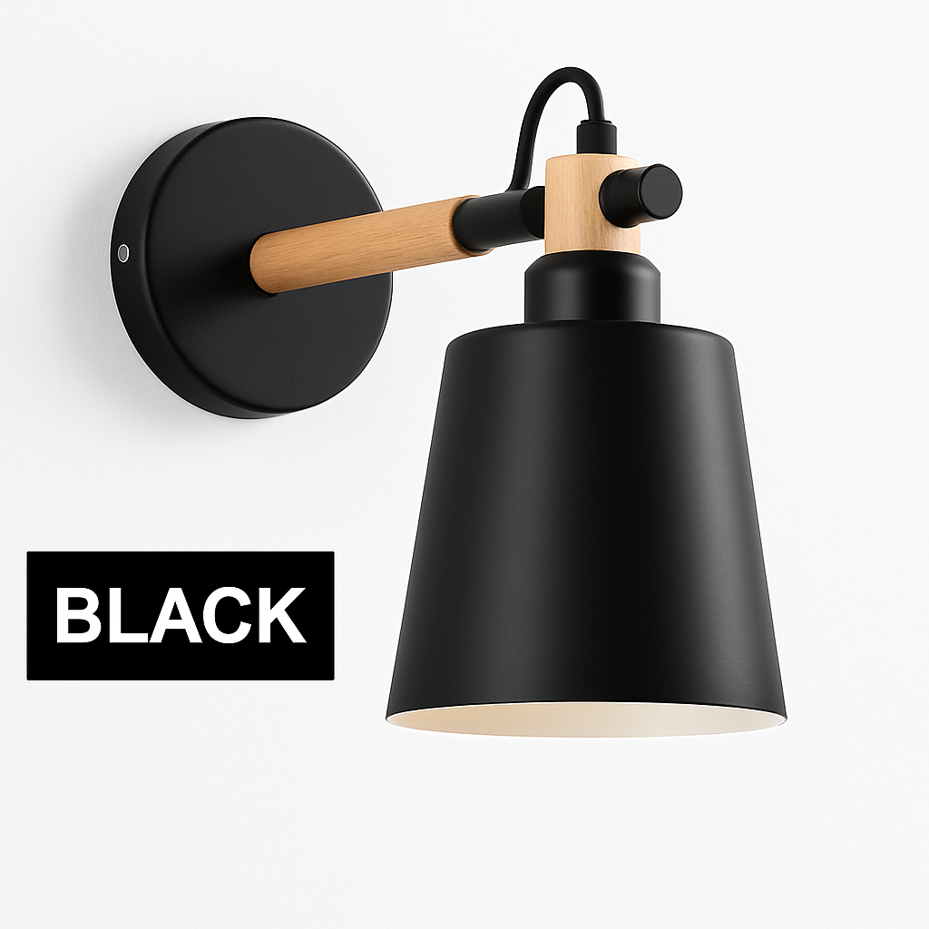 Wandlamp met hout en metaal design Scandinavisch stijl E27 fitting zwart wit voor woonkamer slaapkamer | Sulvida