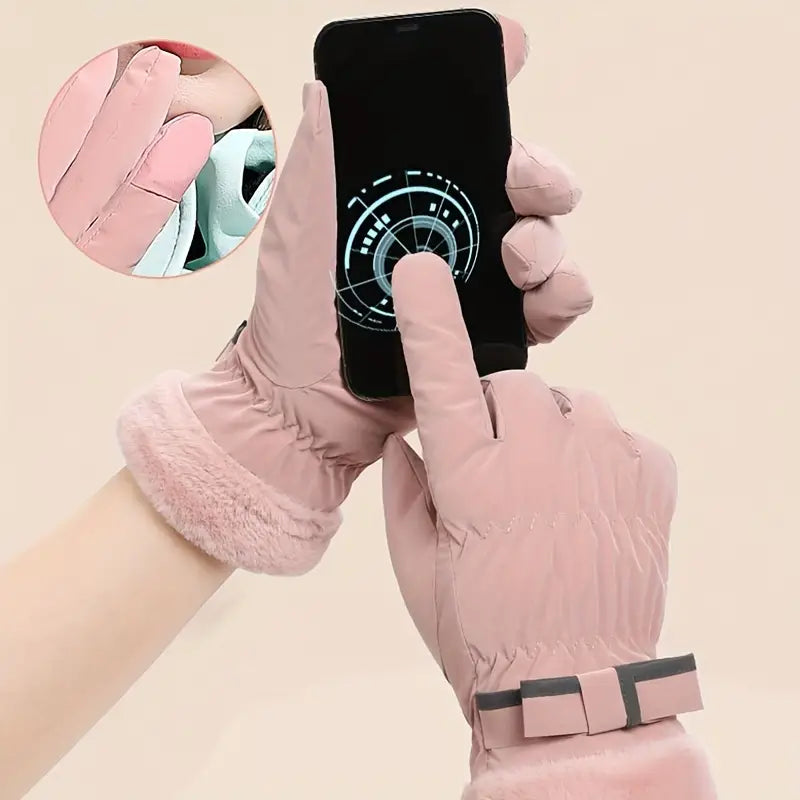 Gants d’hiver avec nœud et fonction tactile - doublés en peluche pour femme - adaptés au ski et au vélo | Sulvida