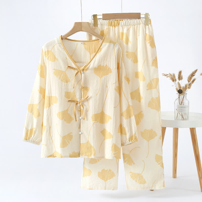 Loungewear-set van katoen met ginkgo-bladmotief en strikdetail – comfortabele tweelaagse gazen pyjamaset met zakken voor dames, ideaal voor lente, zomer en herfst | Sulvida
