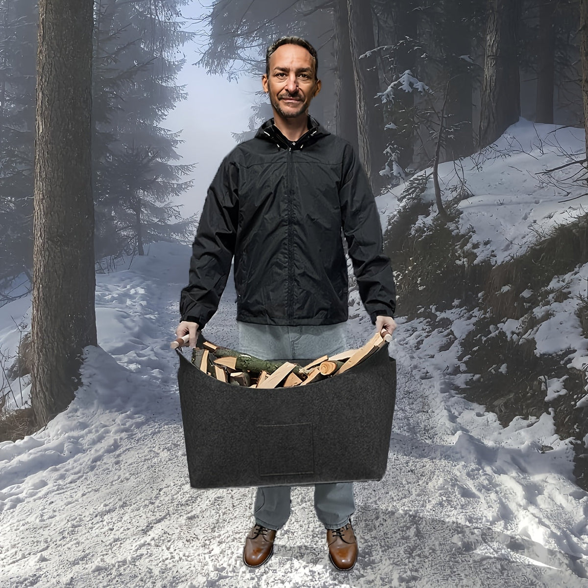Filten Haardhoutmand 55L Opvouwbaar Donkergrijs met Houten Handvatten Modern Haardaccessoire Interieur | Sulvida