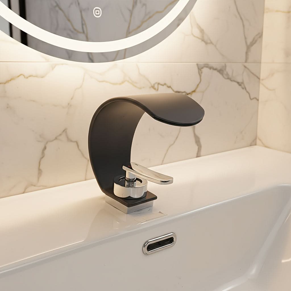 Mitigeur de lavabo à effet cascade, chromé, design moderne, kit de robinetterie, eau chaude et froide, valve en céramique, salle de bains | Sulvida