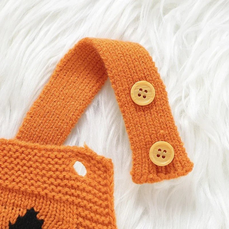 Gebreide Baby Romper met Pompoenmotief Mouwloos Kinderkleding Halloween Feestoutfit Zachte Jumpsuit Peuter | Sulvida