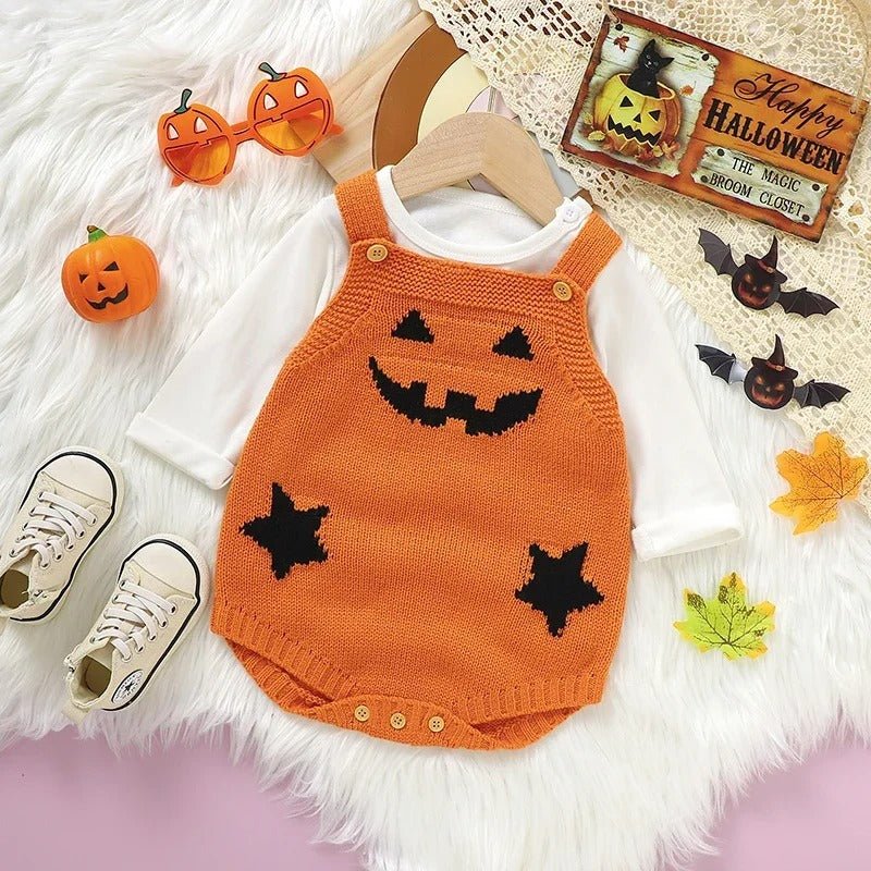 Gebreide Baby Romper met Pompoenmotief Mouwloos Kinderkleding Halloween Feestoutfit Zachte Jumpsuit Peuter | Sulvida