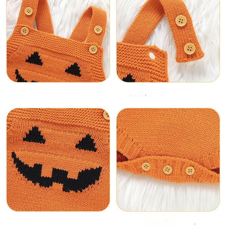 Gebreide Baby Romper met Pompoenmotief Mouwloos Kinderkleding Halloween Feestoutfit Zachte Jumpsuit Peuter | Sulvida