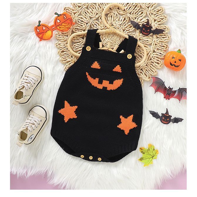 Gebreide Baby Romper met Pompoenmotief Mouwloos Kinderkleding Halloween Feestoutfit Zachte Jumpsuit Peuter | Sulvida