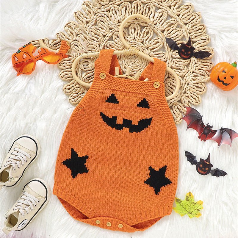 Gebreide Baby Romper met Pompoenmotief Mouwloos Kinderkleding Halloween Feestoutfit Zachte Jumpsuit Peuter | Sulvida