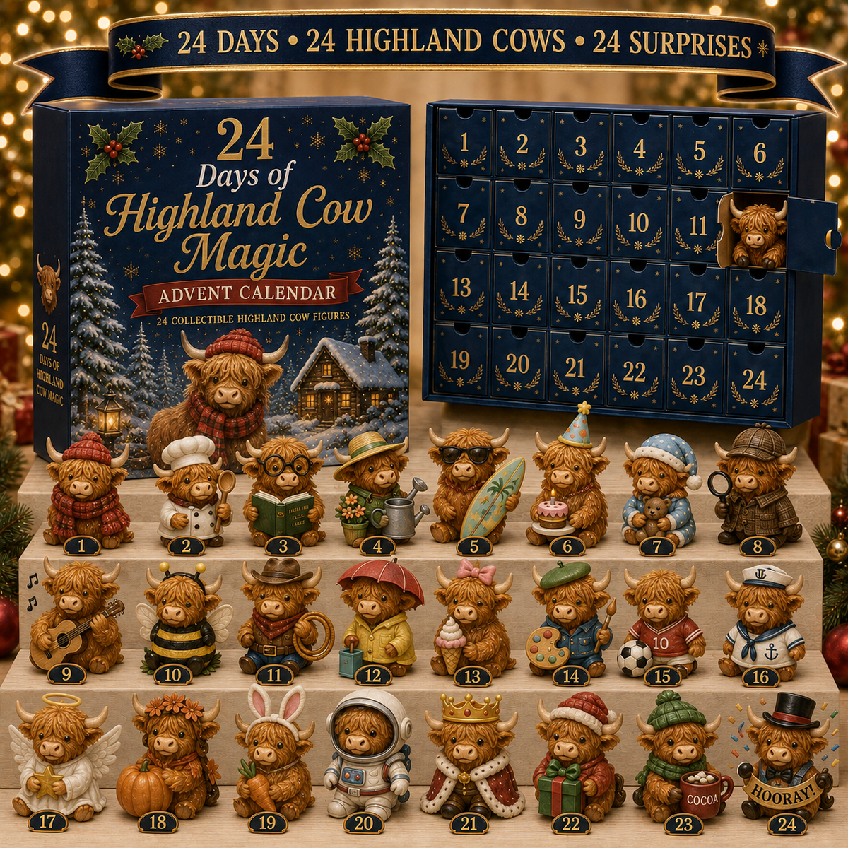 Adventskalender Highland Koe 24 Dagen Kerst Verzamelfiguren Countdown Decoratie Cadeau Dierenliefhebbers | Sulvida