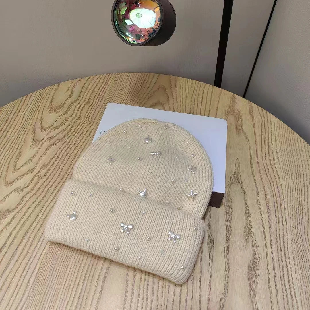 Gebreide Muts met Parelaccenten Winter Beanie Zachte Wol Volwassenen Wintermuts Trendy Comfortabel Warm Stijlvol | Sulvida