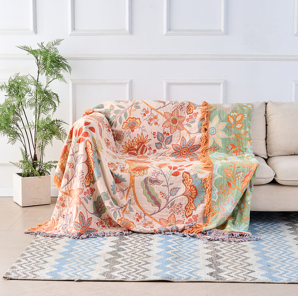 Boheemse Katoenen Plaid met Bloemenmotief – Oranje en Blauw op Crème Achtergrond voor Bank Bed Interieur | Sulvida