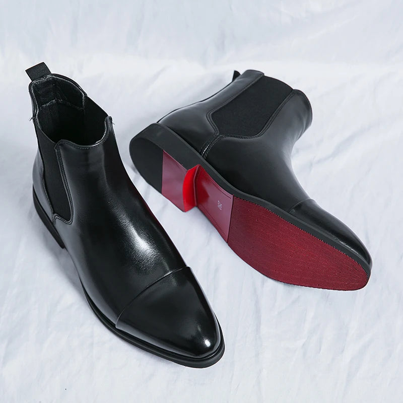 Heren Chelsea Boots met Cap Toe Design - Klassieke Slip-On Enkellaars Zwart Rood Leer Casual Herenschoenen | Sulvida