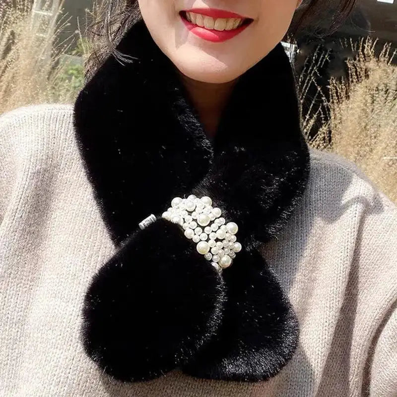 Luxe Wintersjaal met Parelaccent en Kunstbont – Zachte Elegante Sjaal voor Dames Herfst Winter Warm Stijlvol | Sulvida