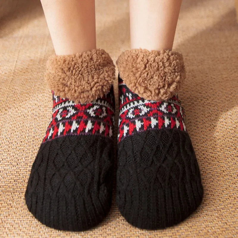 Warme Wintersokken met Sneeuwpatroon – Pluche Voering Antislip – Unisex Huissokken Dik Gevoerd Behaaglijk | Sulvida