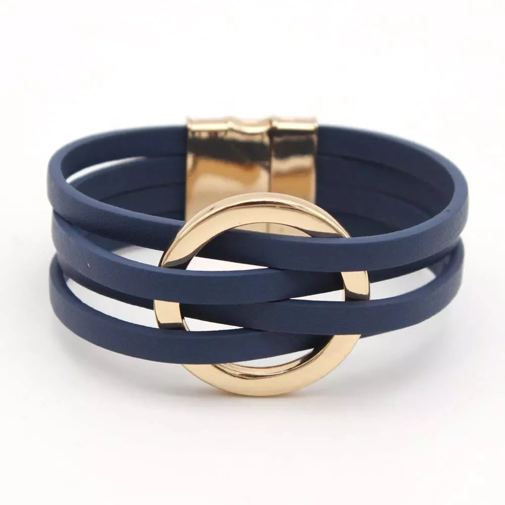Leren Wikkelarmband Meerlaags Decoratief O-Detail Magneet Zwart Bruin Groen Navy Blauw Zilver Rood Hart | Sulvida