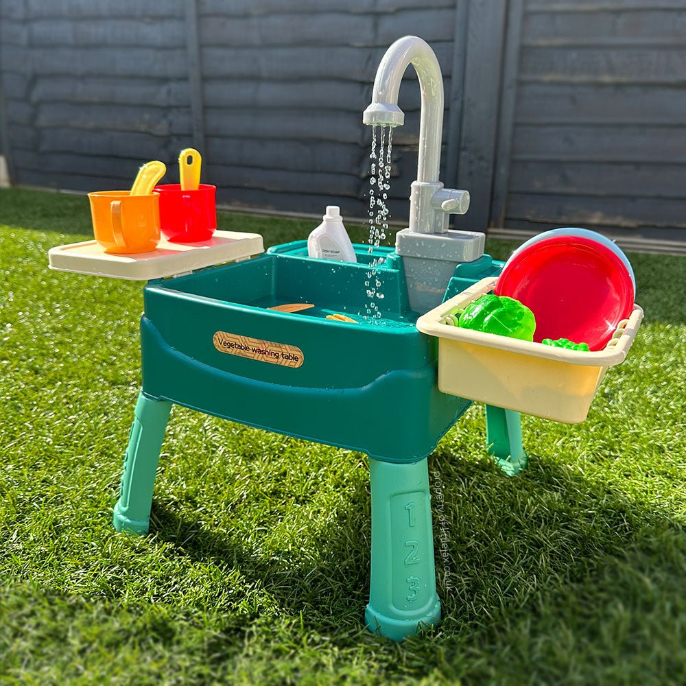 Speelgoedkeuken met werkende kraan, watercirculatie en 19 accessoires - interactief speelgoed keuken | Sulvida