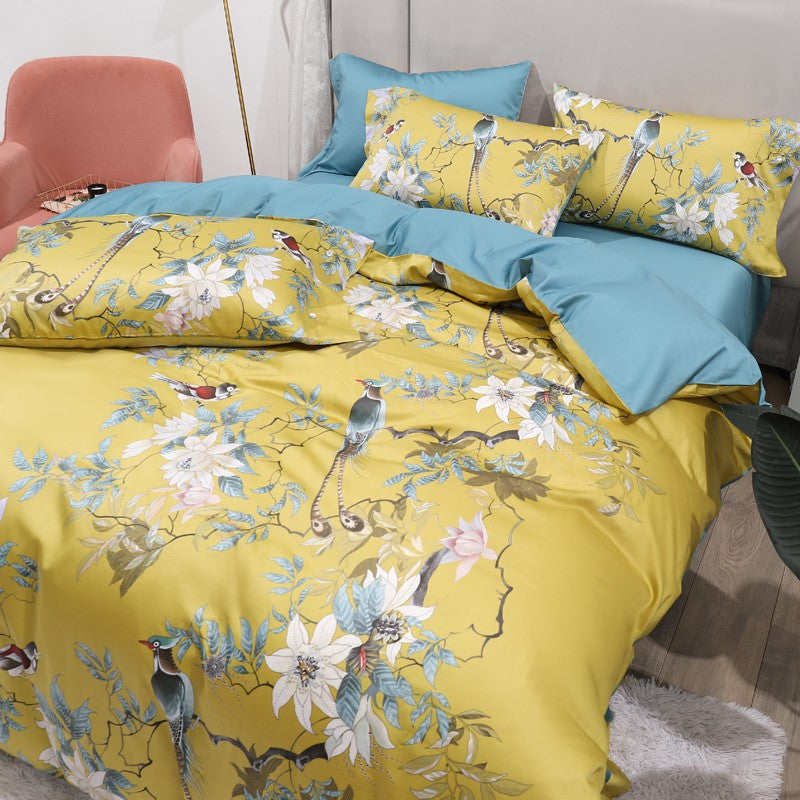 Dekbedovertrek Set Katoensatijn Tropische Print Vogels & Bladeren 500-Draads Premium Luxe Beddengoed | Sulvida