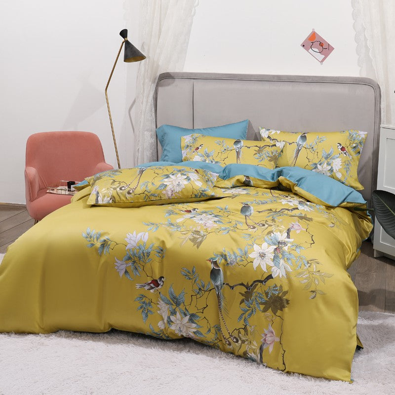 Dekbedovertrek Set Katoensatijn Tropische Print Vogels & Bladeren 500-Draads Premium Luxe Beddengoed | Sulvida