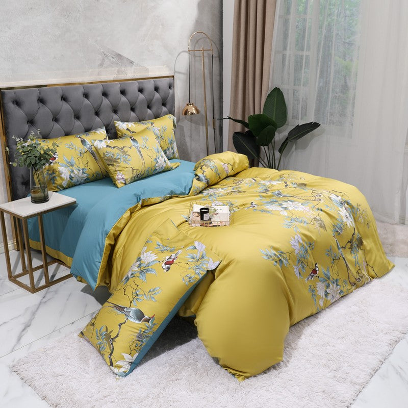 Dekbedovertrek Set Katoensatijn Tropische Print Vogels & Bladeren 500-Draads Premium Luxe Beddengoed | Sulvida