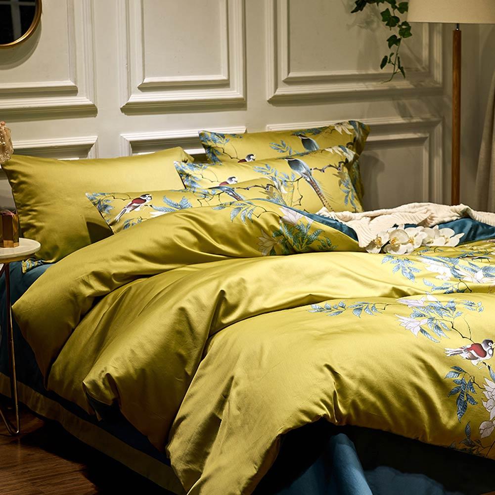 Dekbedovertrek Set Katoensatijn Tropische Print Vogels & Bladeren 500-Draads Premium Luxe Beddengoed | Sulvida