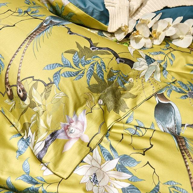 Dekbedovertrek Set Katoensatijn Tropische Print Vogels & Bladeren 500-Draads Premium Luxe Beddengoed | Sulvida