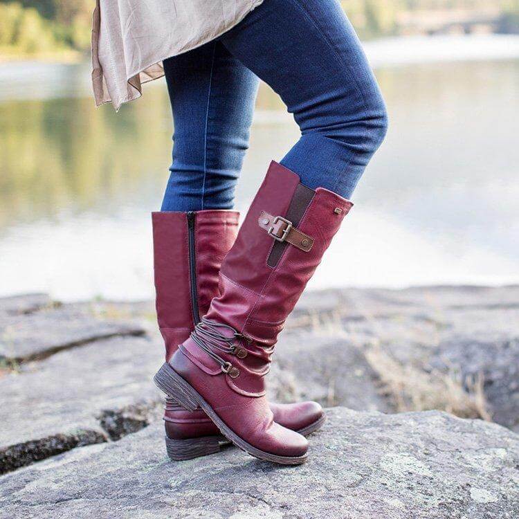 Leren Ritslaarzen voor Dames Vintage Comfortabel Halfhoog Winterschoenen met Warme Voering en Platte Zool | Sulvida