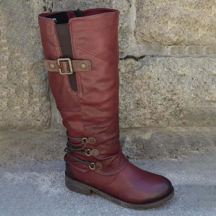 Leren Ritslaarzen voor Dames Vintage Comfortabel Halfhoog Winterschoenen met Warme Voering en Platte Zool | Sulvida