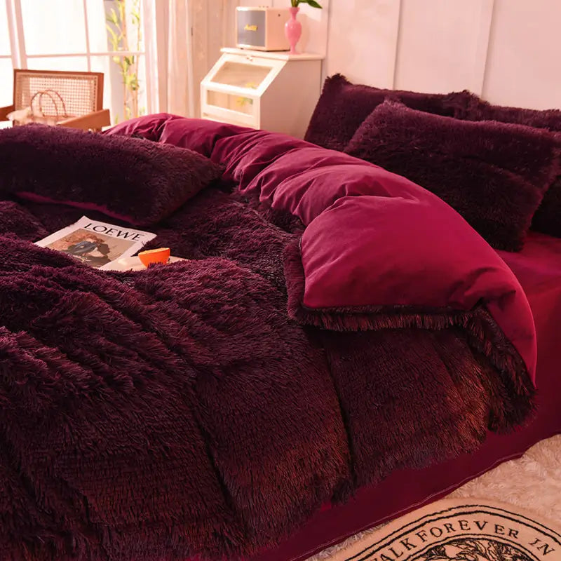 Plüsch-Fleece-Bettwäsche-Set, winterwarm, Teddy, 3-4-teilig, mit Bezug, Laken und Kissenbezügen | Sulvida