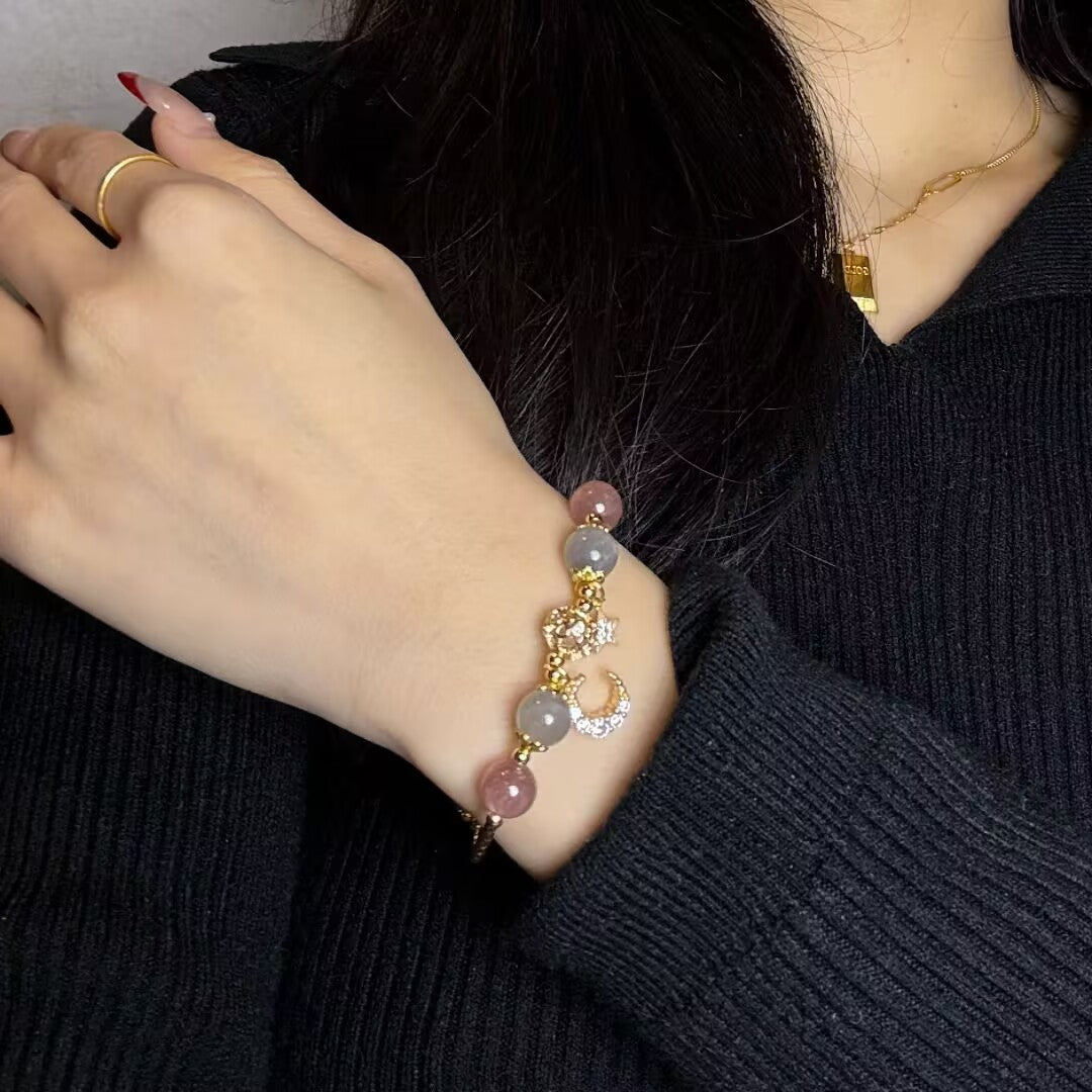 Labradoriet Aardbeienkwarts Armband met Maan Ster Hanger Natuursteen Kristal Sieraden voor Rust en Kalmte | Sulvida