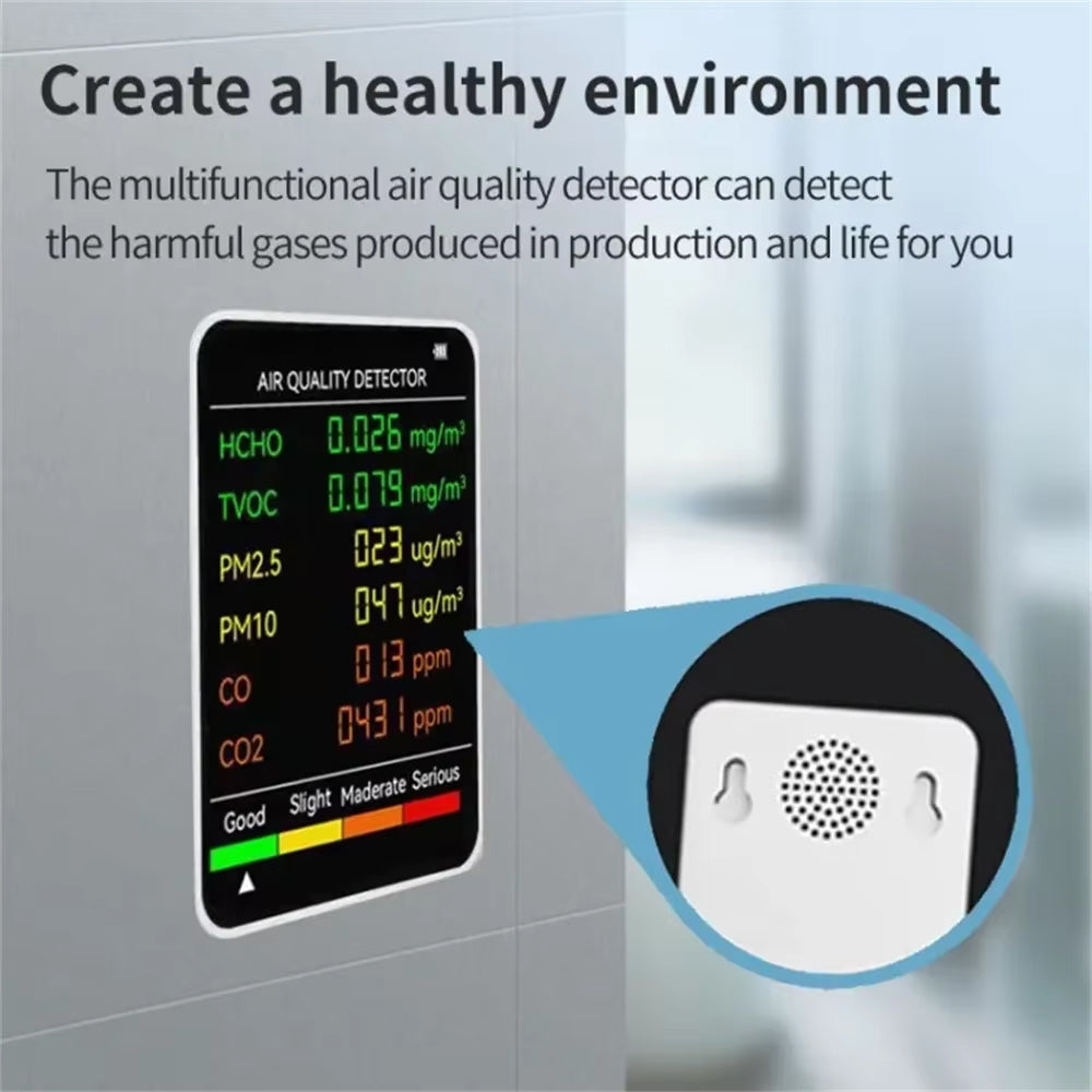 Moniteur de qualité de l’air 6-en-1, détecteur de CO2, humidité, température, PM2.5, PM10, TVOC avec fonction d’alarme | Sulvida