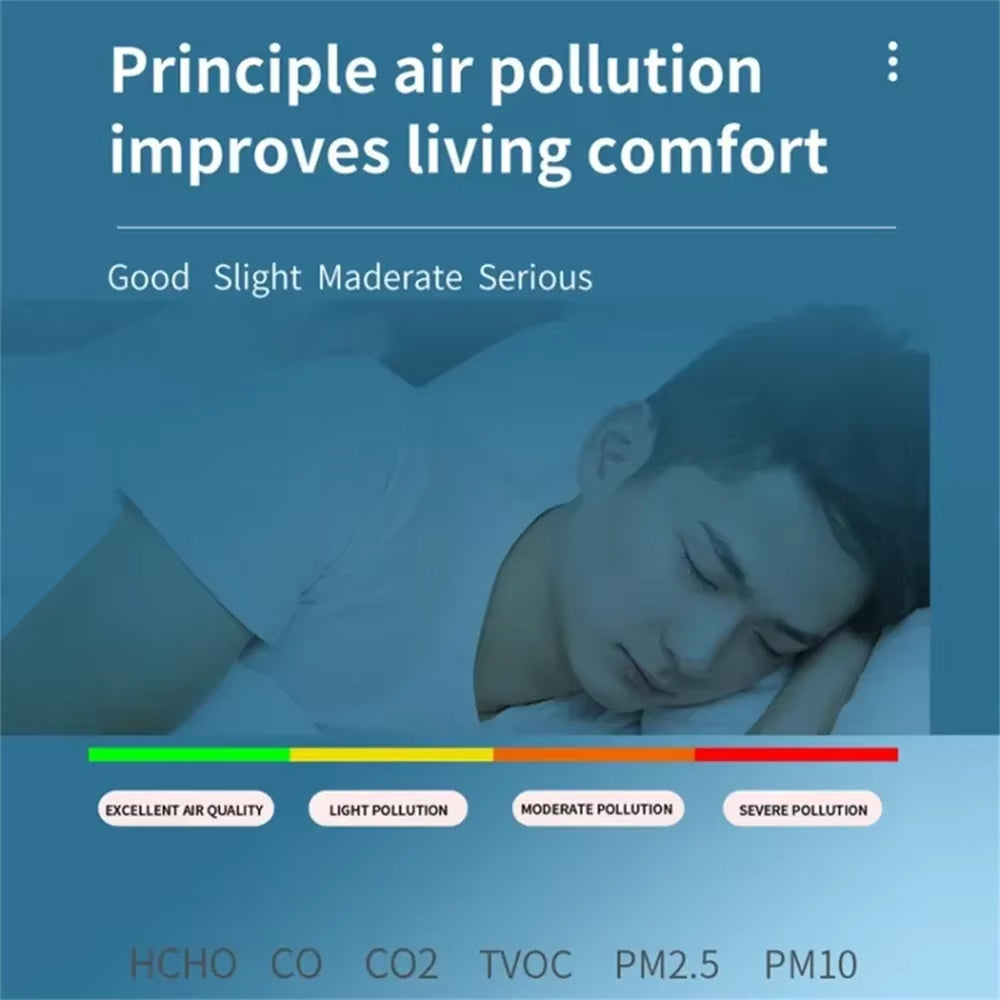 Moniteur de qualité de l’air 6-en-1, détecteur de CO2, humidité, température, PM2.5, PM10, TVOC avec fonction d’alarme | Sulvida