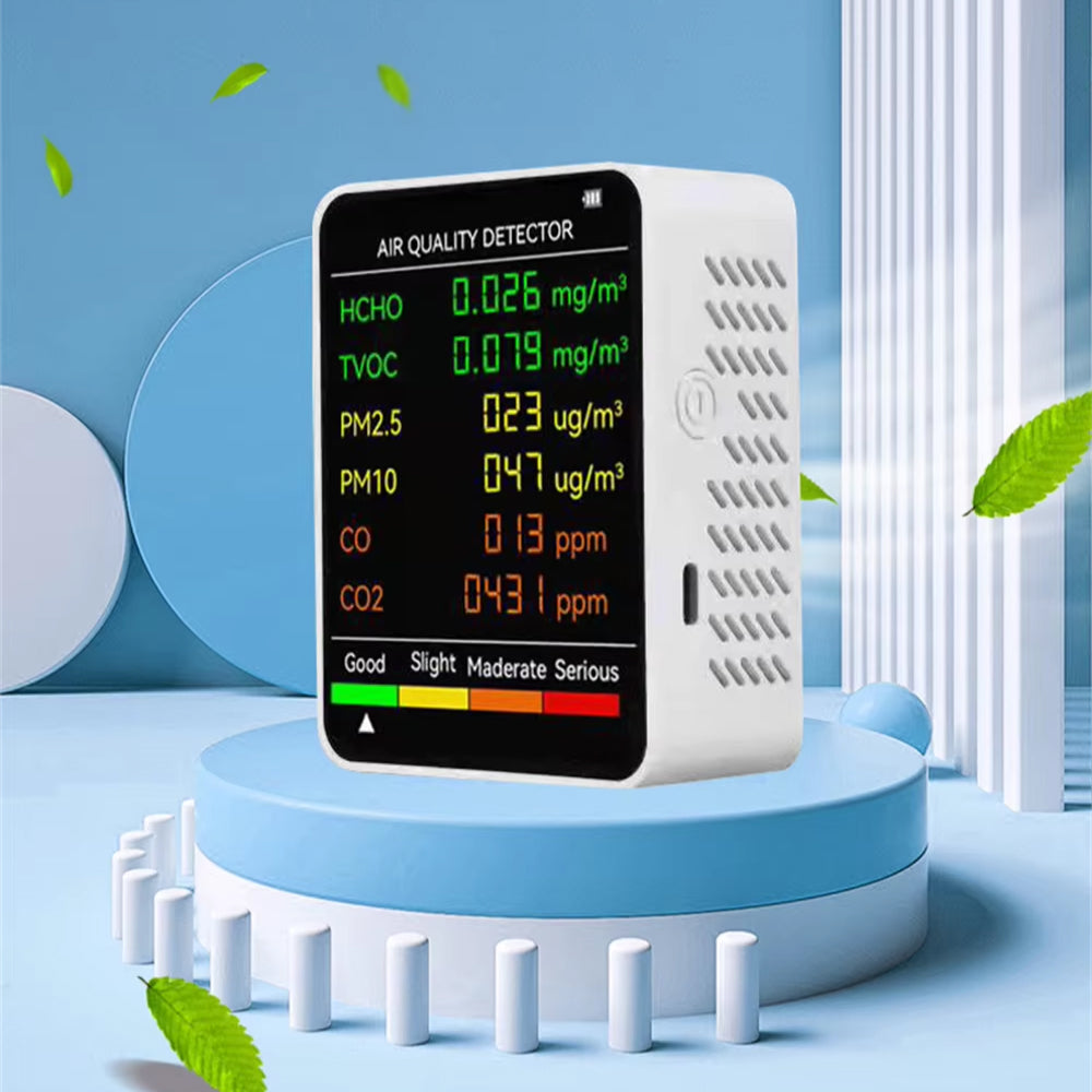 Moniteur de qualité de l’air 6-en-1, détecteur de CO2, humidité, température, PM2.5, PM10, TVOC avec fonction d’alarme | Sulvida