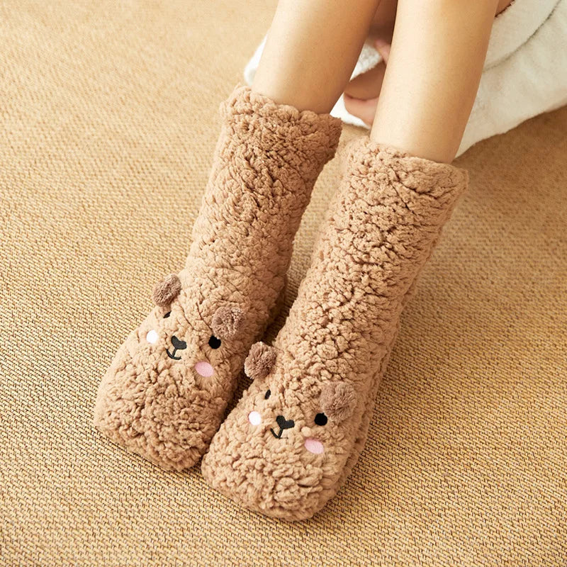 Zachte Warme Sokken met Berenprint Antislip Fluffy Pluche Huissokken Winter Dames Heren Comfortabel Thuis | Sulvida