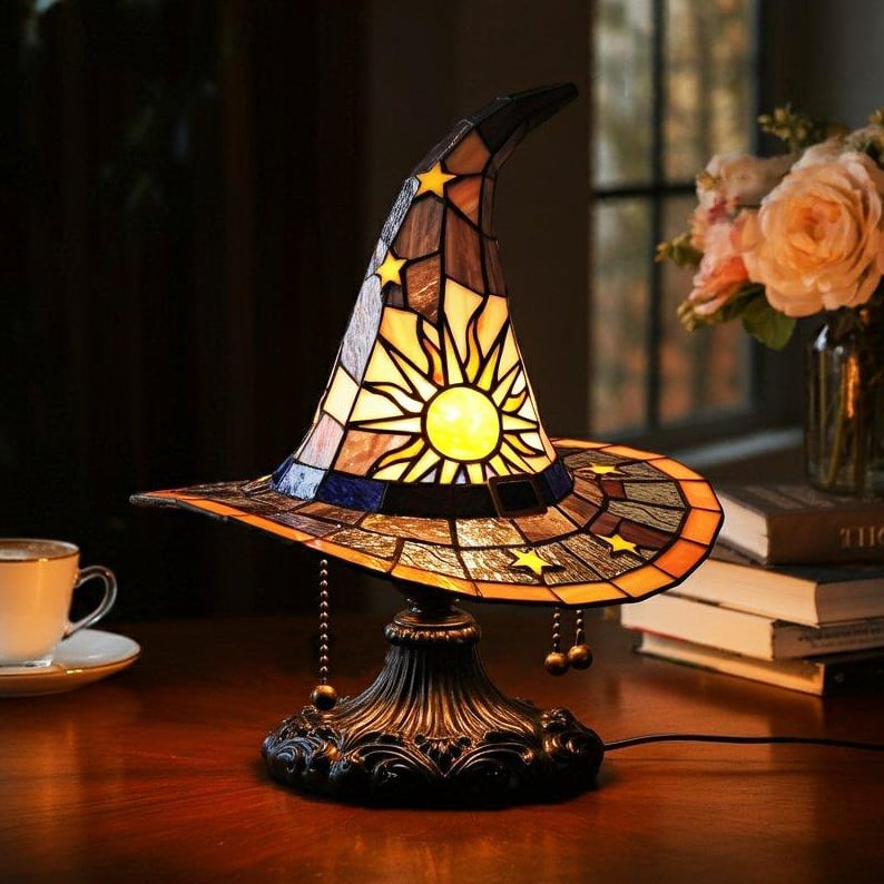 Heksenhoed Lamp met Warm LED-Licht Halloween Tafeldecoratie Sfeerlamp Gotisch Interieur Handgemaakt 35 cm | Sulvida
