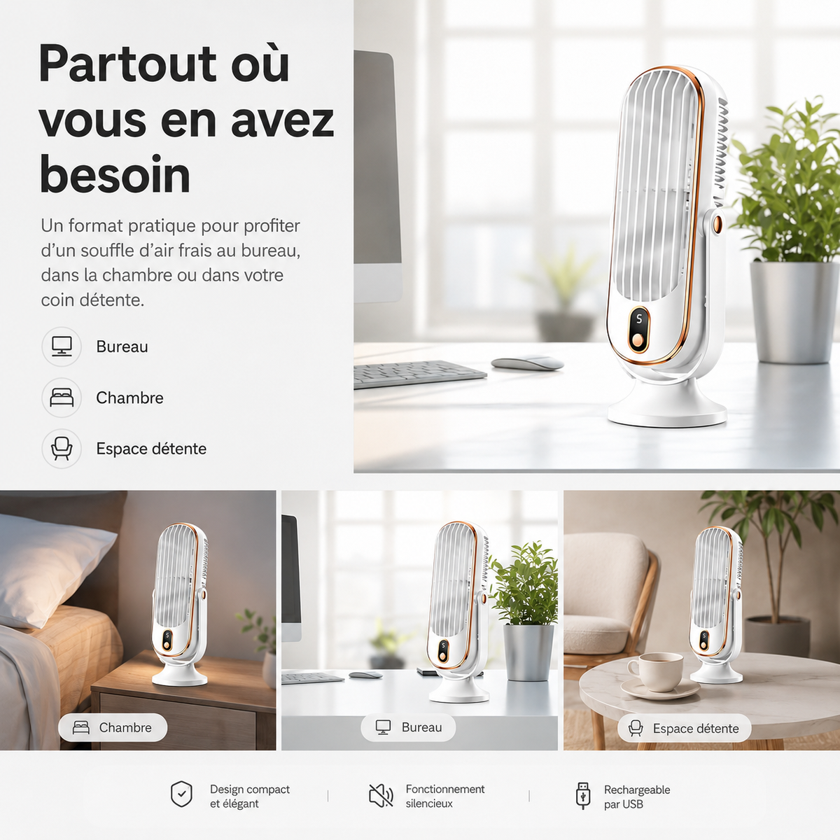 Torenventilator met dubbele motor en 720° rotatie | Compacte USB ventilator voor bureau en slaapkamer | Sulvida