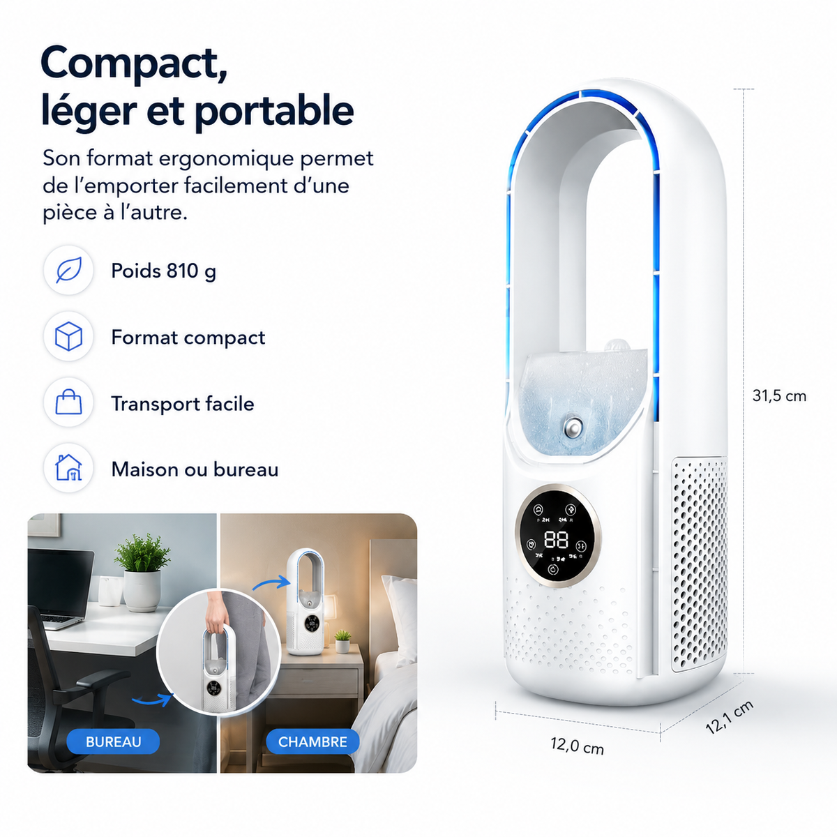 Draagbare Stille Luchtkoeler 700ml Reservoir USB Oplaadbaar 3-in-1 Functie Compacte Verplaatsbare Koeling | Sulvida